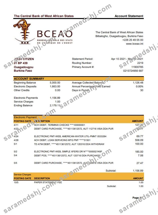 Burkina Faso The Central Bank of West African States bank statement easy to fill template in Excel and PDF format